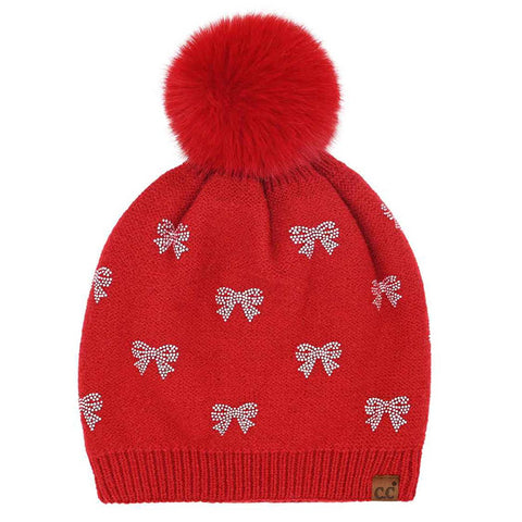 Rhinestone Mini Bow Pom Pom Beanie: - Red