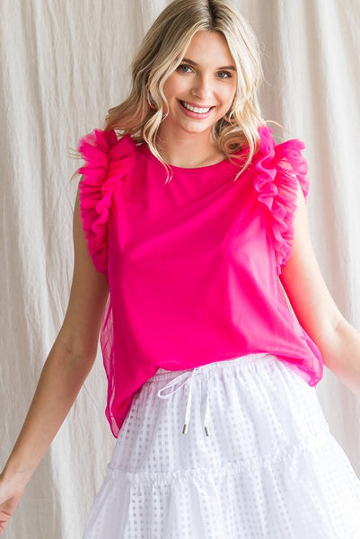 Phoebe Tulle Shoulder Top - Hot Pink