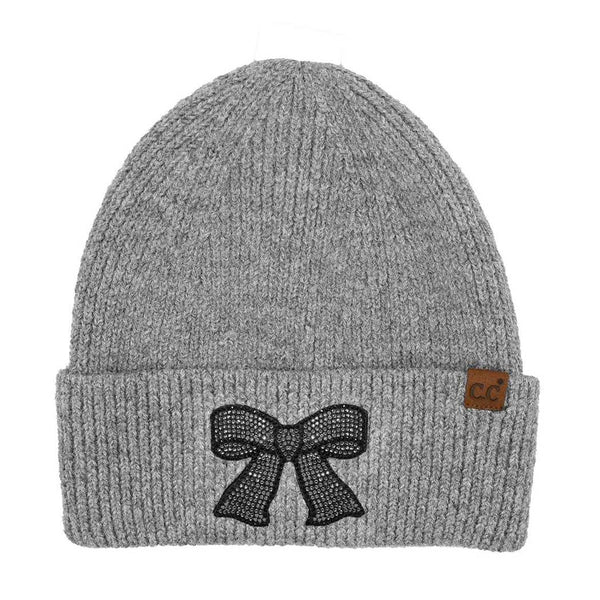 Rhinestone Ribbon Bow Beanie - Taupe