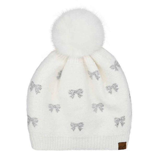 Rhinestone Mini Bow Pom Beanie - Taupe