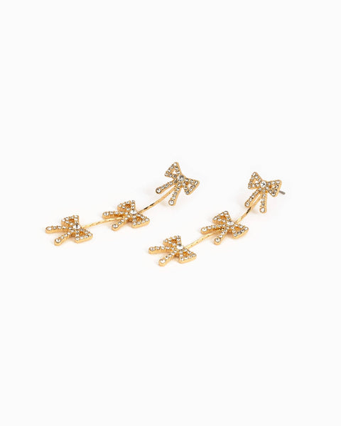 Triple CZ Pave Bow Drop Earrings: Gold