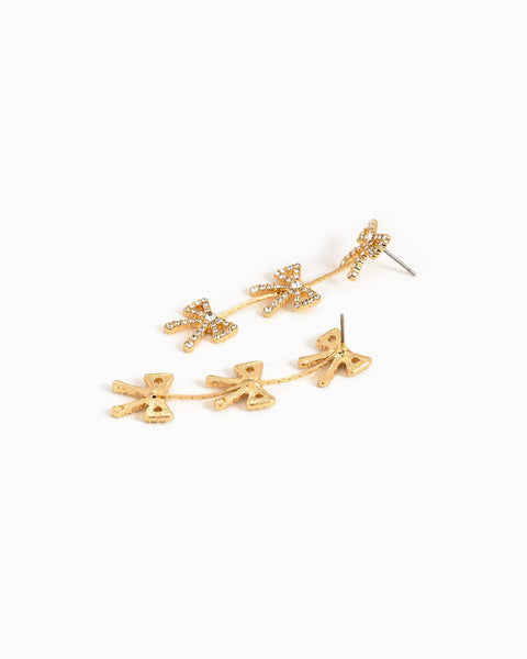 Triple CZ Pave Bow Drop Earrings: Gold