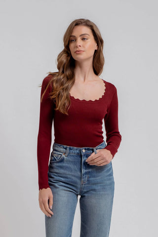 Need You Around Scallop Trim Top - Burgundy