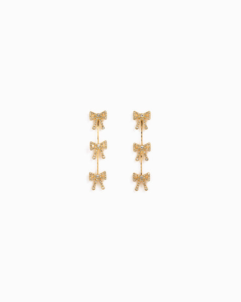 Triple CZ Pave Bow Drop Earrings: Gold