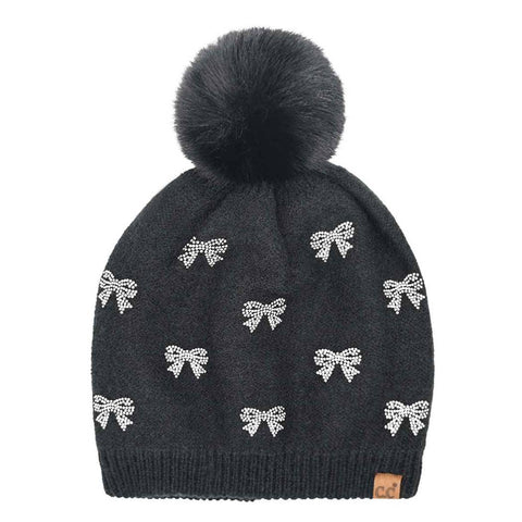 Rhinestone Mini Bow Pom Pom Beanie - Black