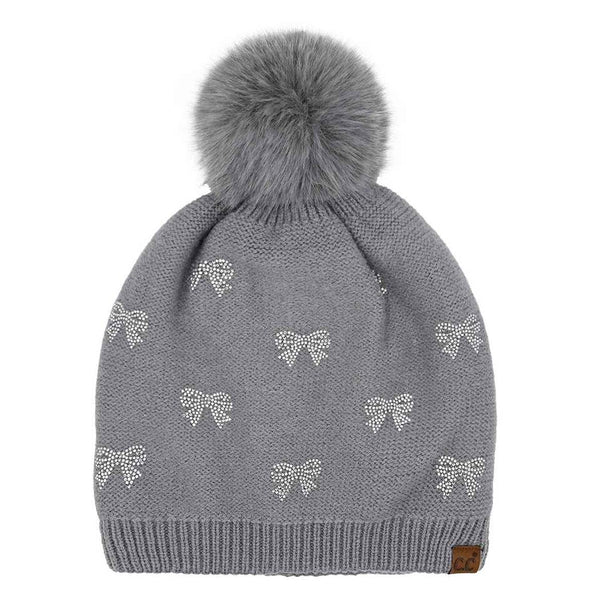 Rhinestone Mini Bow Pom Beanie - Taupe