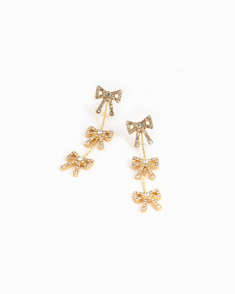 Triple CZ Pave Bow Drop Earrings: Gold