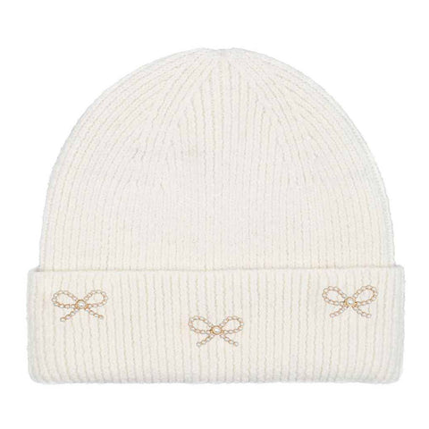 Pearl Bow Charm Beanie - Ivory