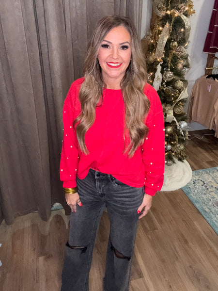 Kaylee Pearl Sleeve Top - Red