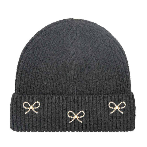 Pearl Bow Charm Beanie - Black