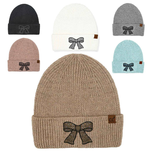 Rhinestone Ribbon Bow Beanie - Taupe