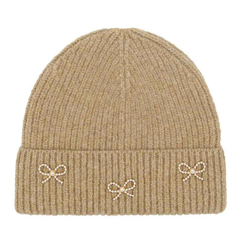 Pearl Bow Charm Beanie - Taupe