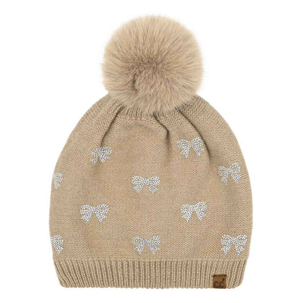 Rhinestone Mini Bow Pom Beanie - Taupe