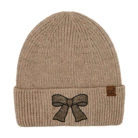 Rhinestone Ribbon Bow Beanie - Taupe