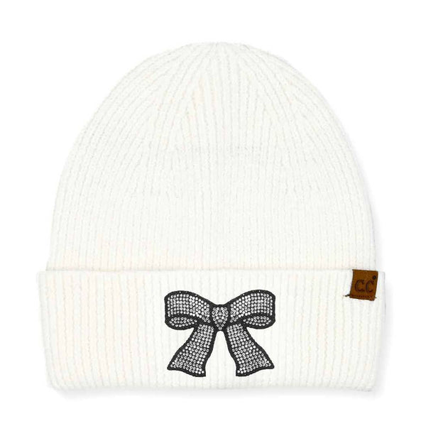 Rhinestone Ribbon Bow Beanie - Taupe