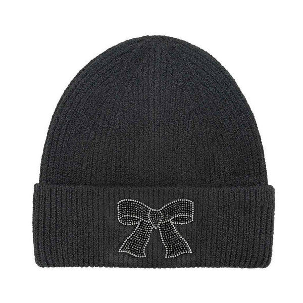 Rhinestone Ribbon Bow Beanie - Taupe