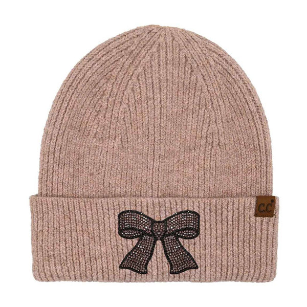 Rhinestone Ribbon Bow Beanie - Taupe