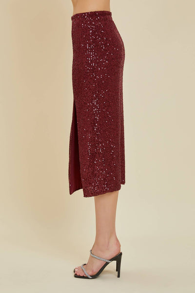 Just A Feeling Sequin Midi Skirt - Burgundy