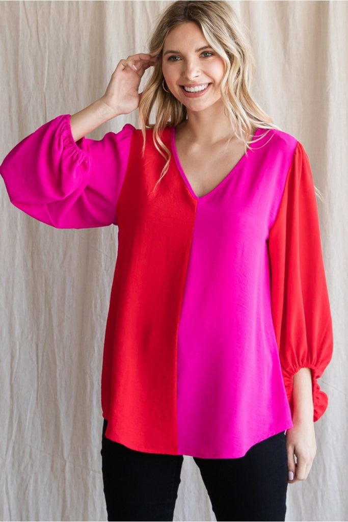 Opposites Attract Color Block Dolman Top- Red/Pink